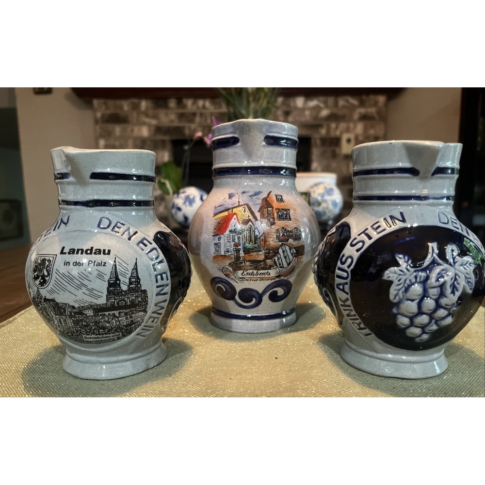 Lot Of 3  Vintage Westerwald Feinsteinzeug Salt Glazed Stoneware Pitchers~EUC